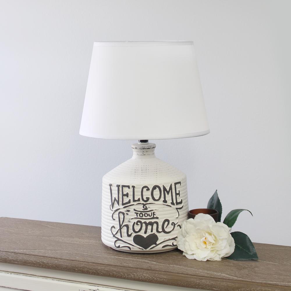 Simple Designs Welcome Home Rustic Ceramic Farmhouse Foyer Entryway Accent Table Lamp with Fabric Shade