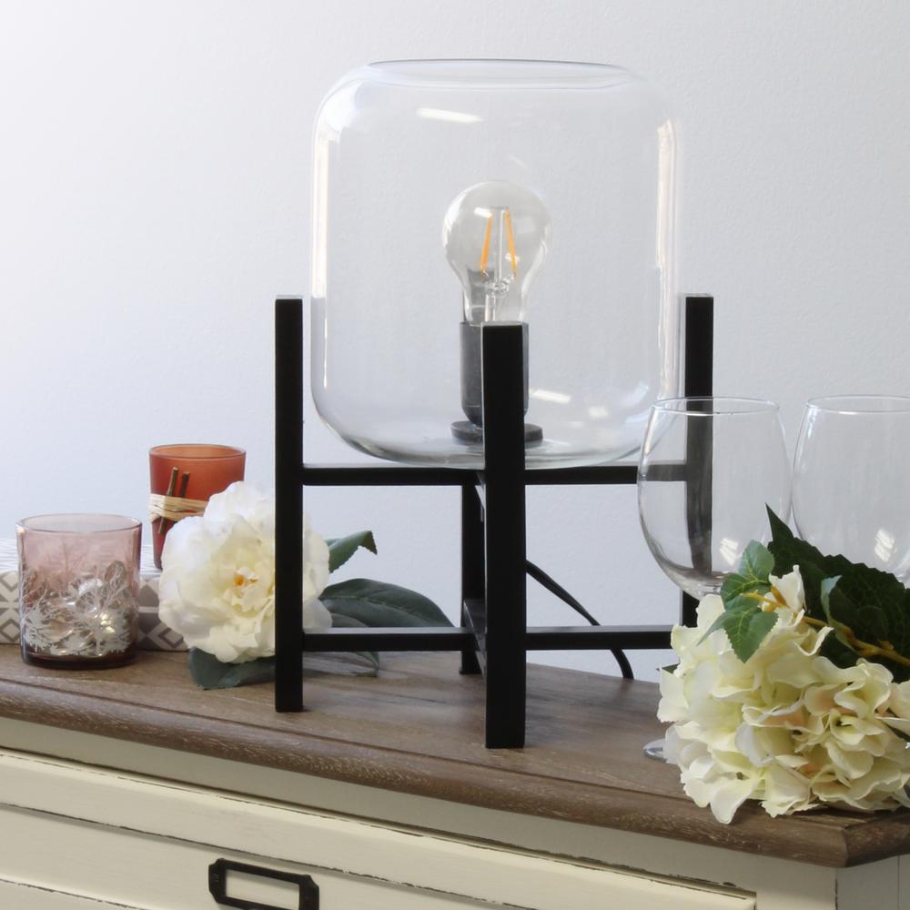 Black Wood Mounted Table Lamp with Clear Glass Cylinder Shade. Picture 2