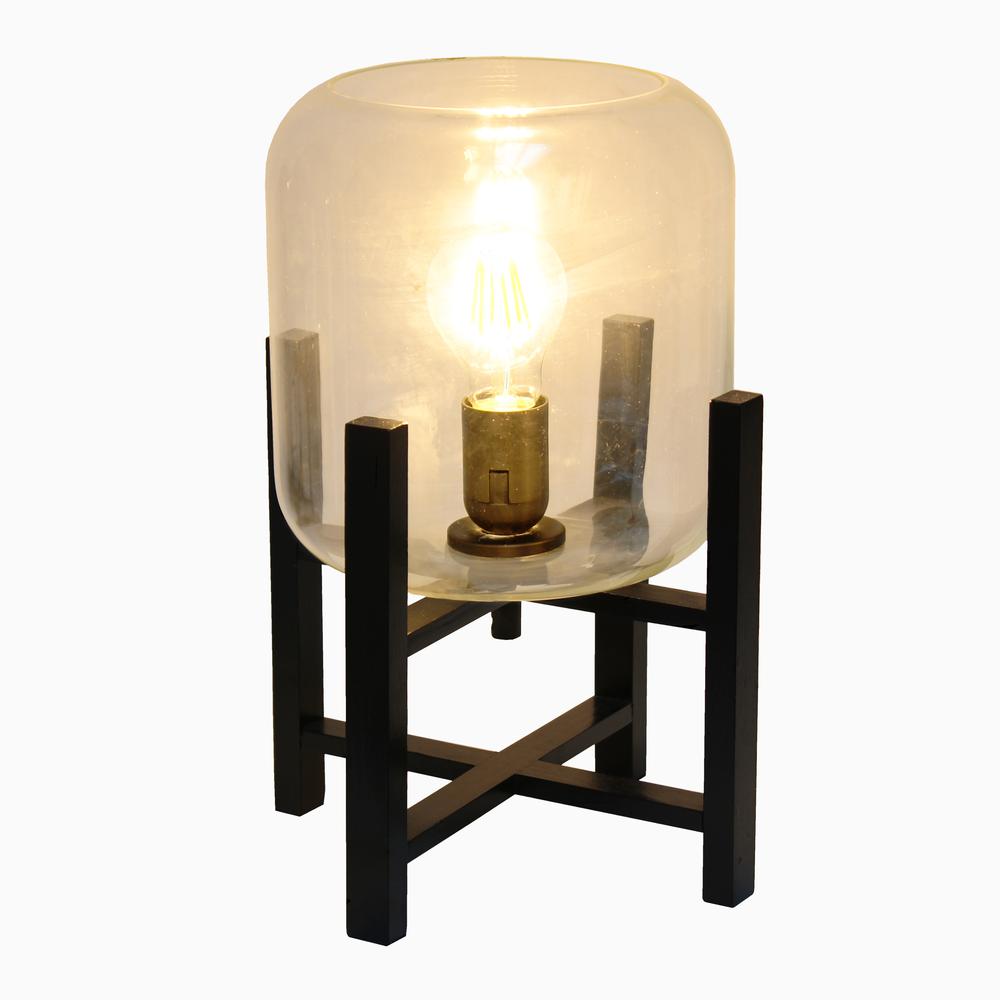 Black Wood Mounted Table Lamp with Clear Glass Cylinder Shade. Picture 6