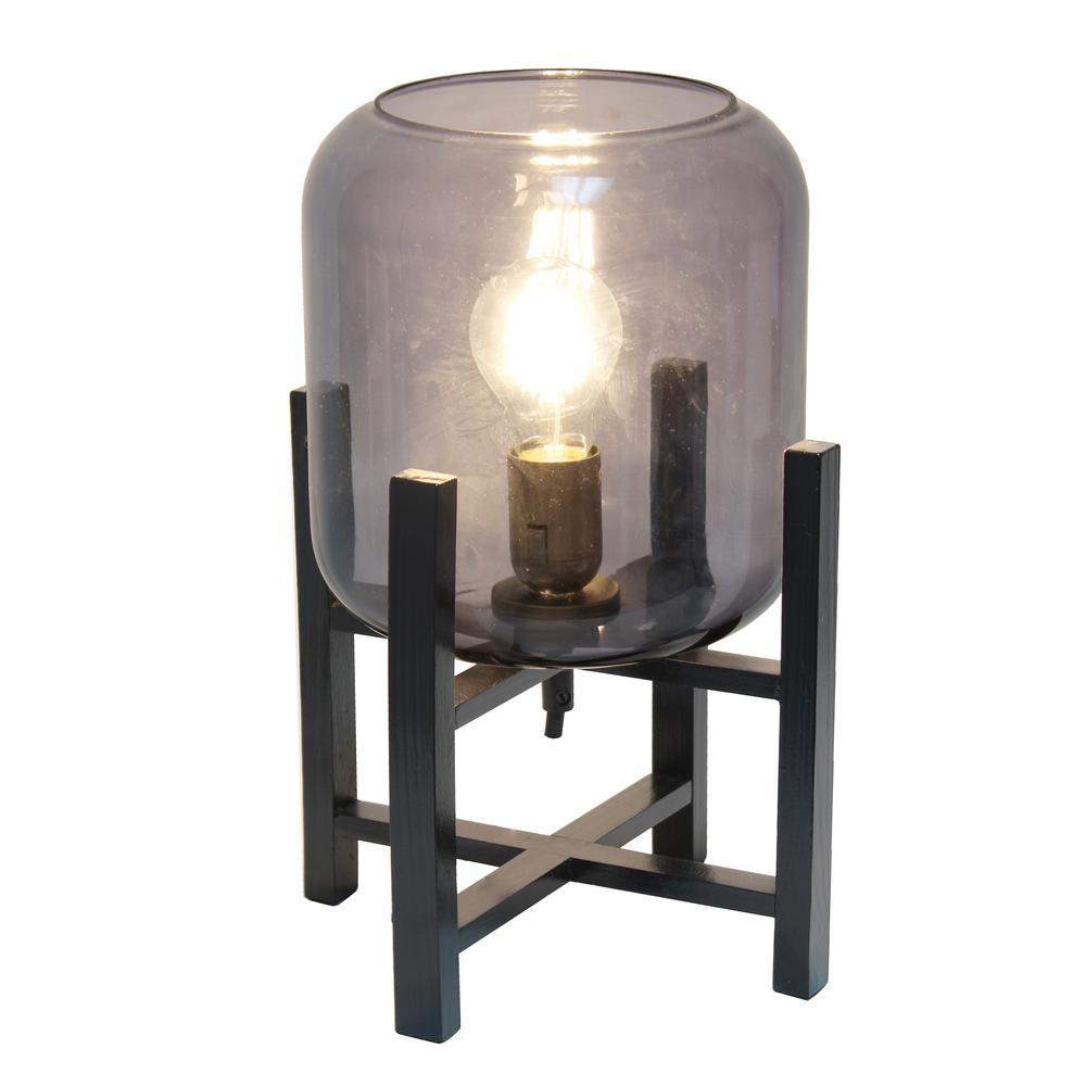 Black Wood Mounted Table Lamp with Smokey Glass Cylinder Shade. Picture 6