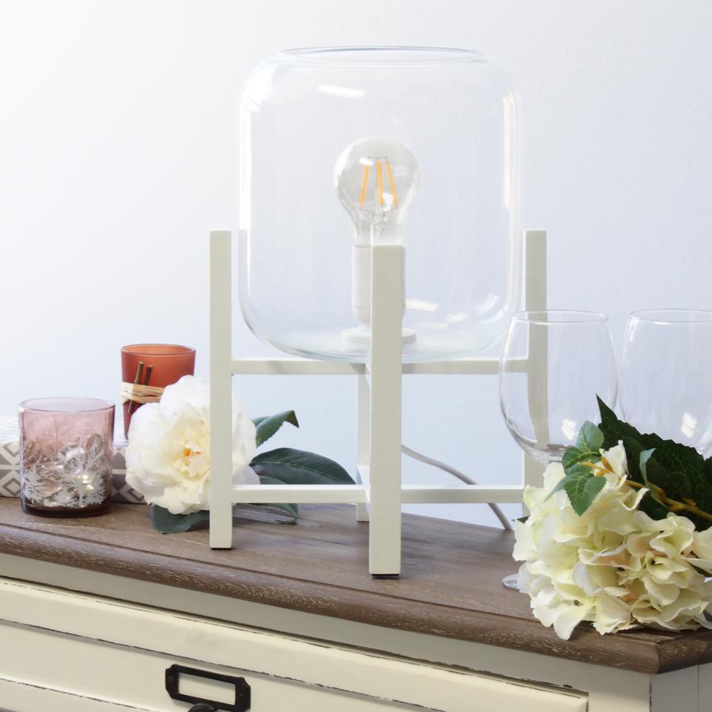 White Wood Mounted Table Lamp with Clear Glass Cylinder Shade. Picture 2