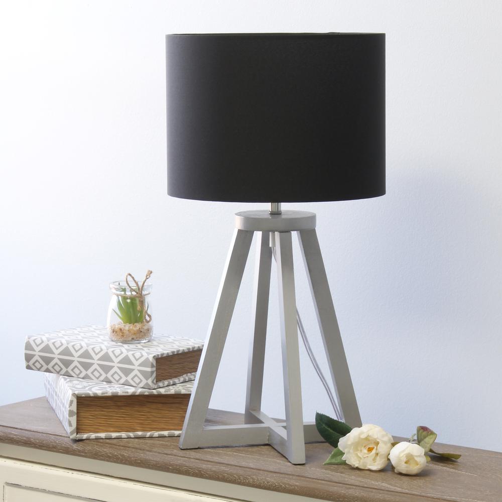 Interlocked Triangular Gray Wood Table Lamp with Black Fabric Shade. Picture 2