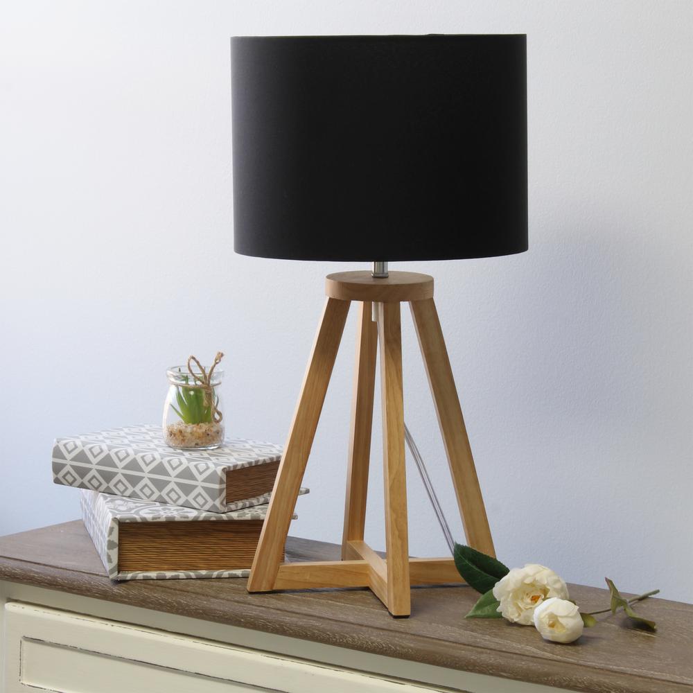 Interlocked Triangular Natural Wood Table Lamp with Black Fabric Shade. Picture 2