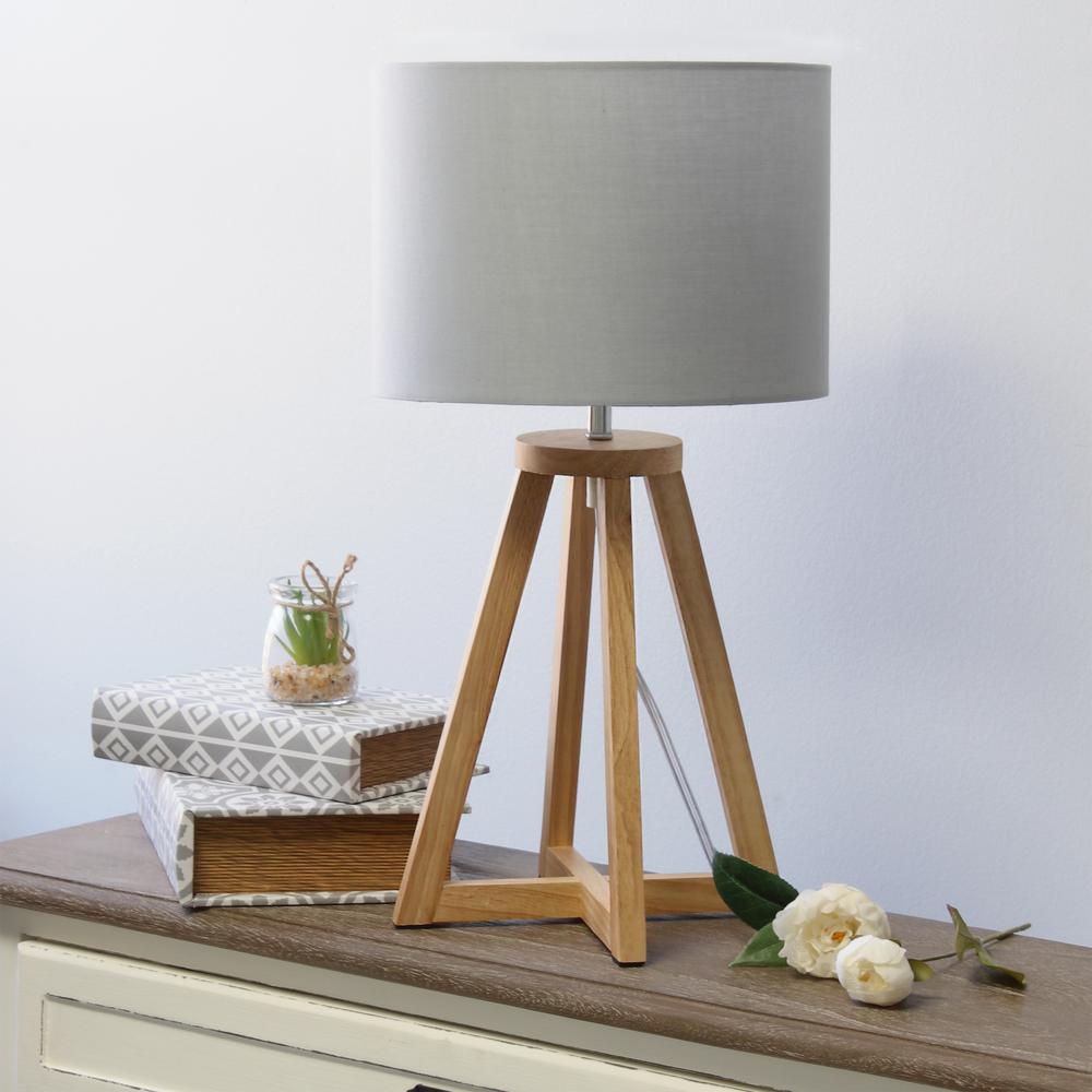 Interlocked Triangular Natural Wood Table Lamp with Gray Fabric Shade. Picture 2
