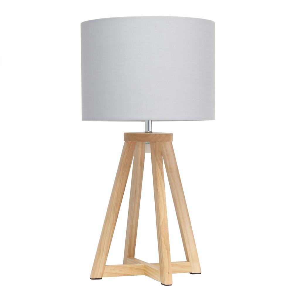 Interlocked Triangular Natural Wood Table Lamp with Gray Fabric Shade. Picture 5