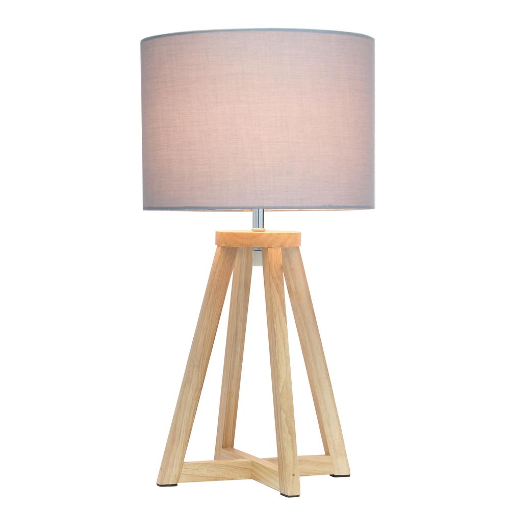 Interlocked Triangular Natural Wood Table Lamp with Gray Fabric Shade. Picture 6