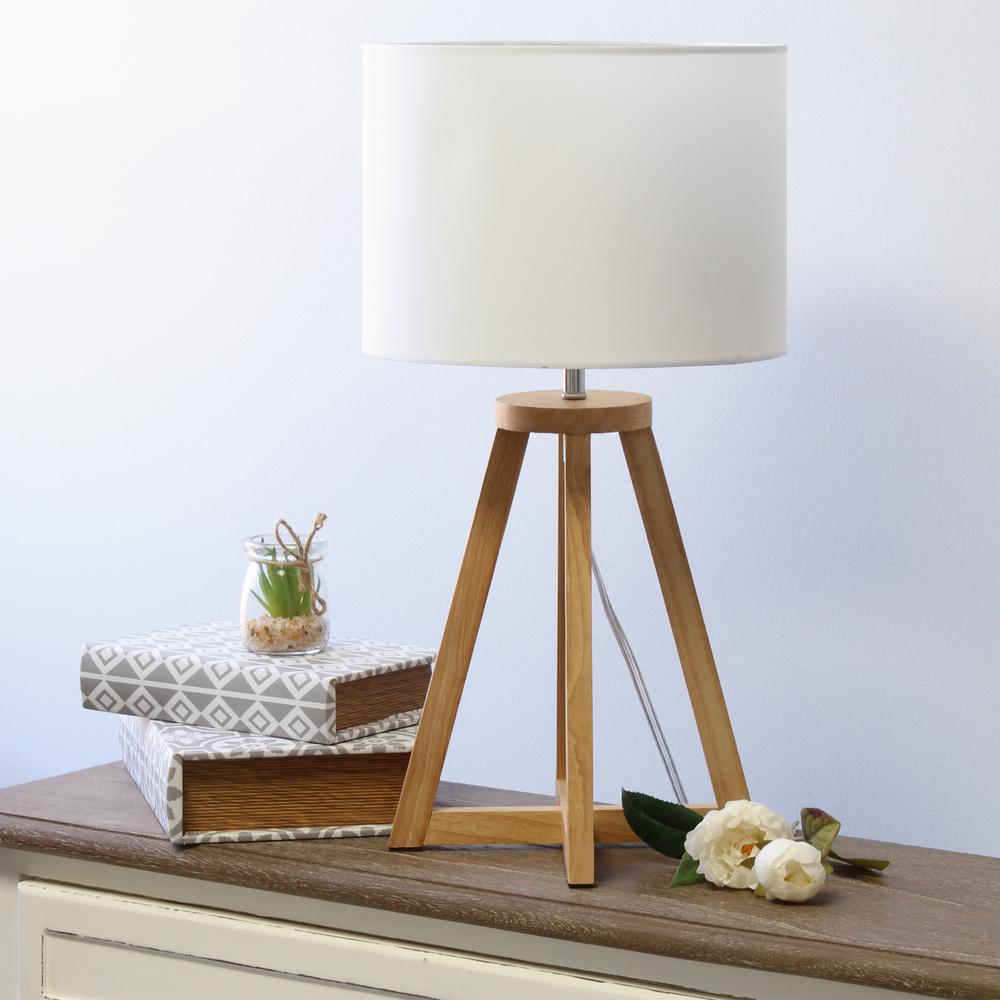Interlocked Triangular Natural Wood Table Lamp with White Fabric Shade. Picture 2