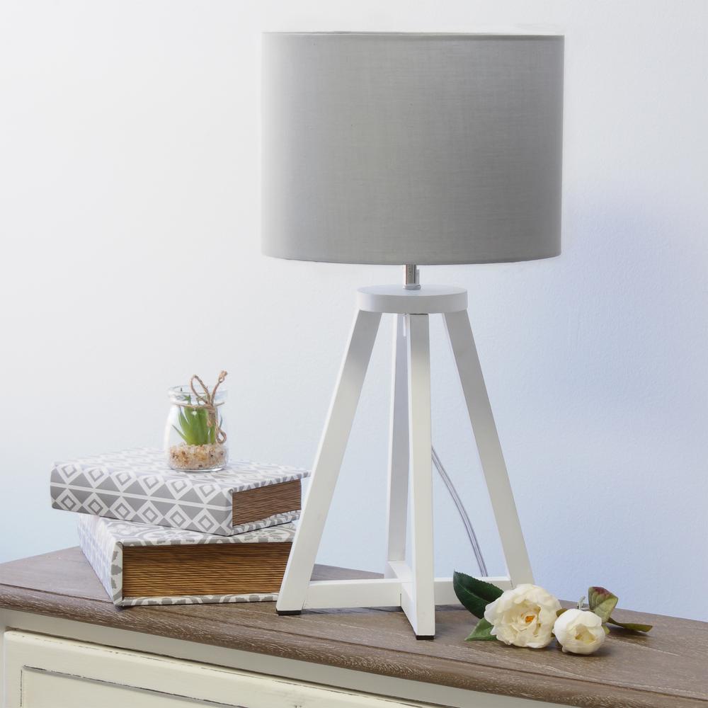 Interlocked Triangular White Wood Table Lamp with Gray Fabric Shade. Picture 2