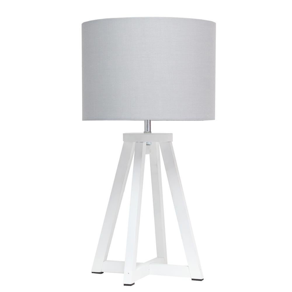 Interlocked Triangular White Wood Table Lamp with Gray Fabric Shade. Picture 5