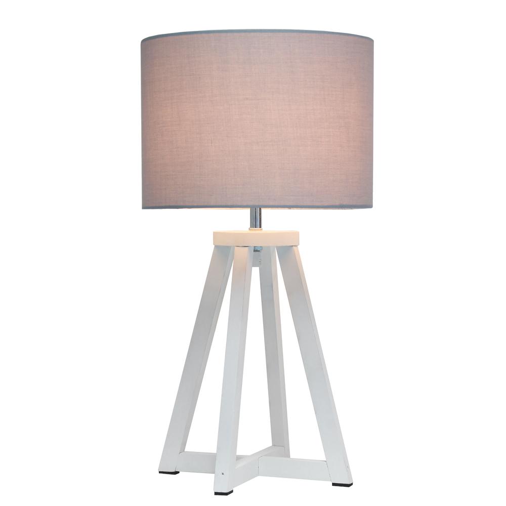 Interlocked Triangular White Wood Table Lamp with Gray Fabric Shade. Picture 6