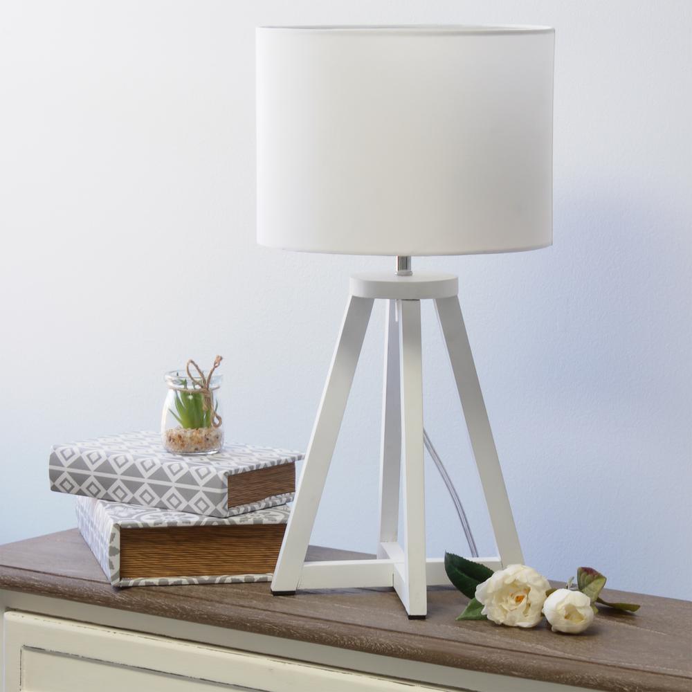 Interlocked Triangular White Wood Table Lamp with White Fabric Shade. Picture 2