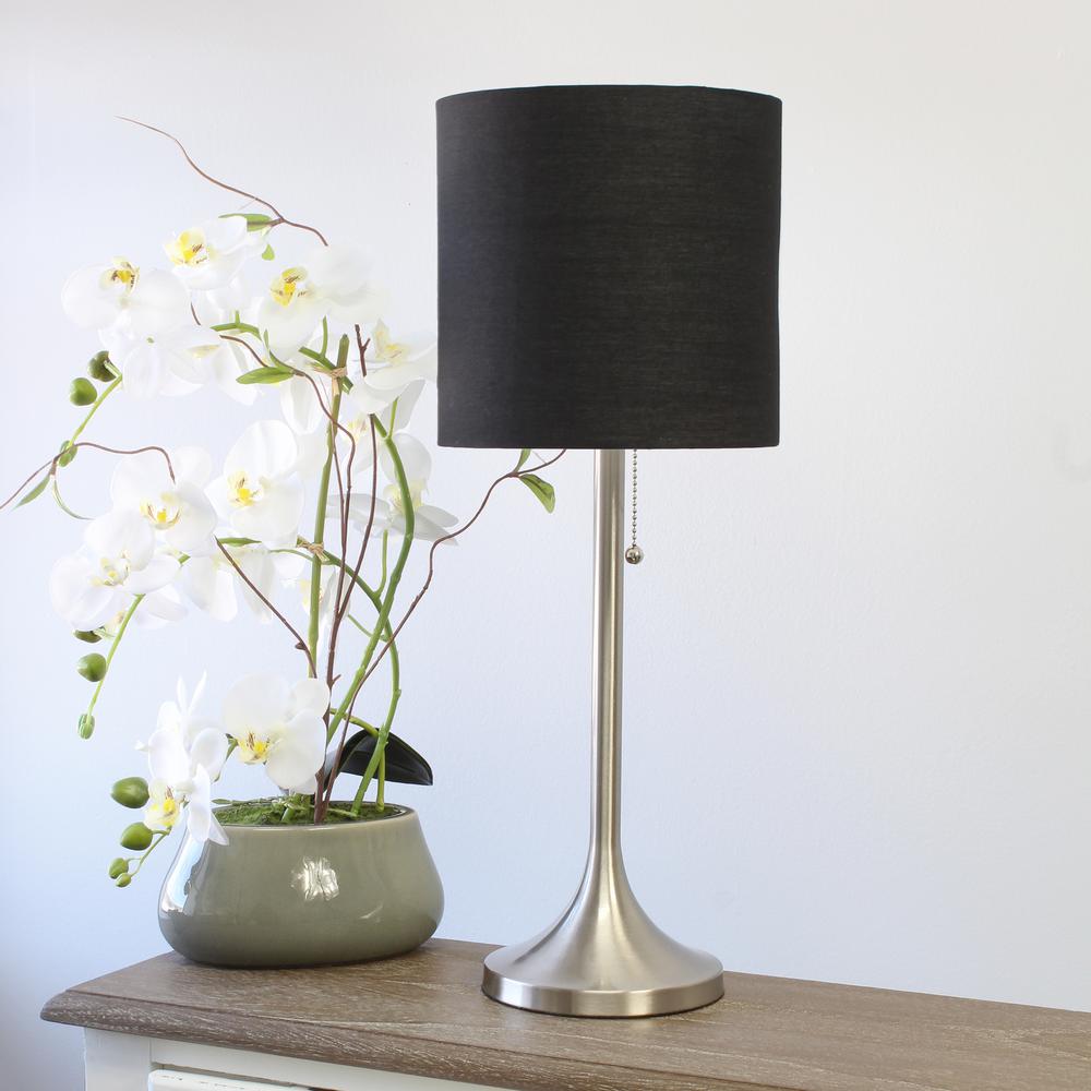 Brushed Nickel Tapered Table Lamp with Black Fabric Drum Shade. Picture 1