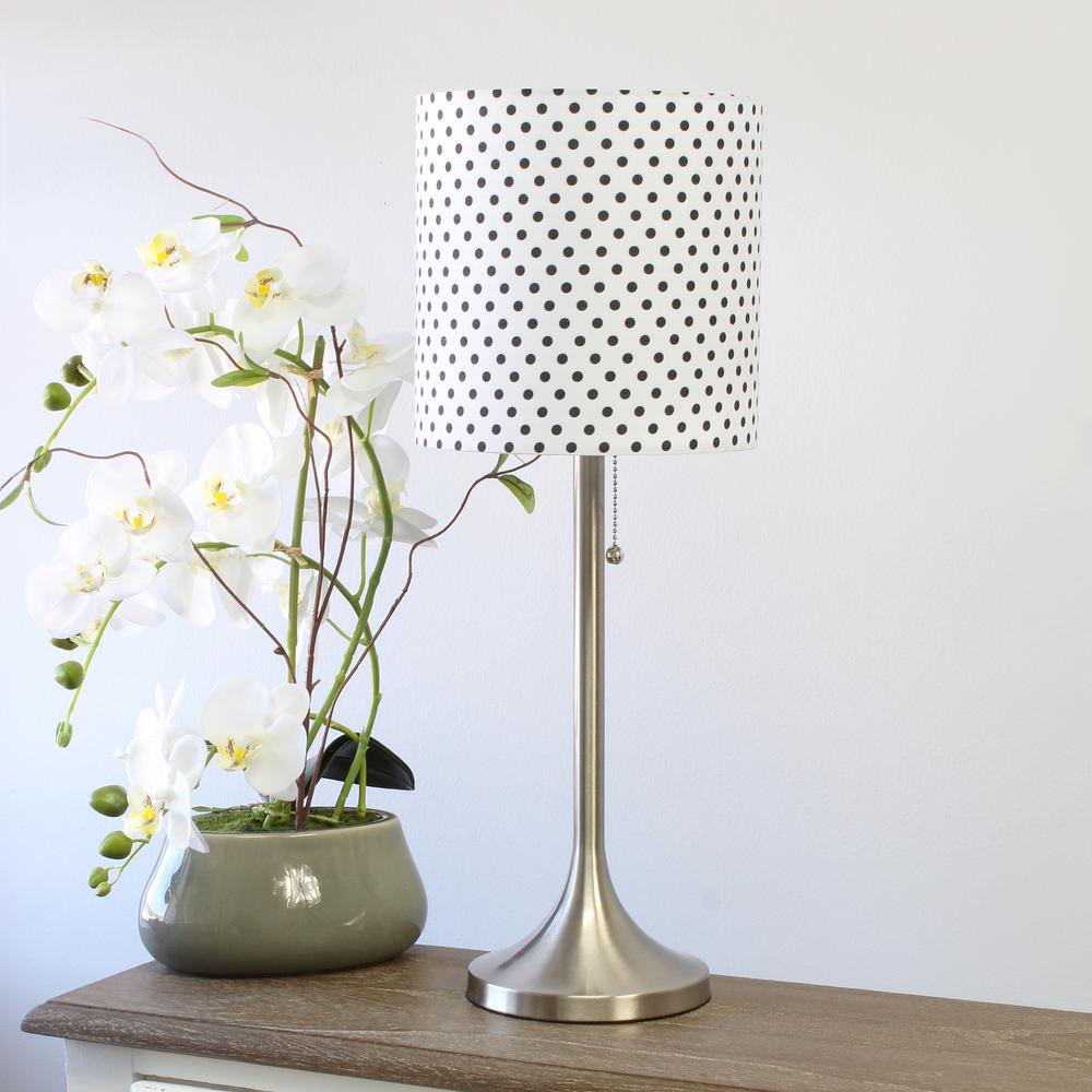 Brushed Nickel Tapered Table Lamp with Polka Dot Fabric Drum Shade. Picture 1