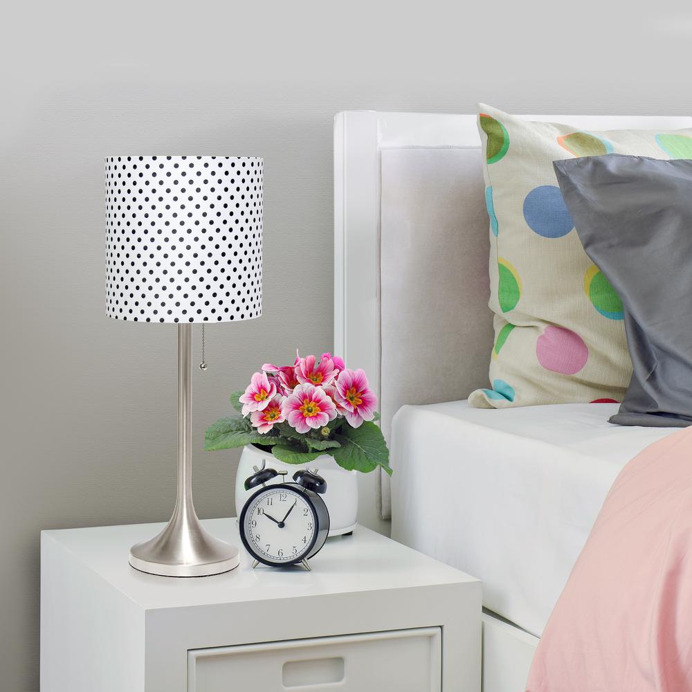 Simple Designs Brushed Nickel Tapered Table Lamp with Polka Dot Fabric Drum Shade