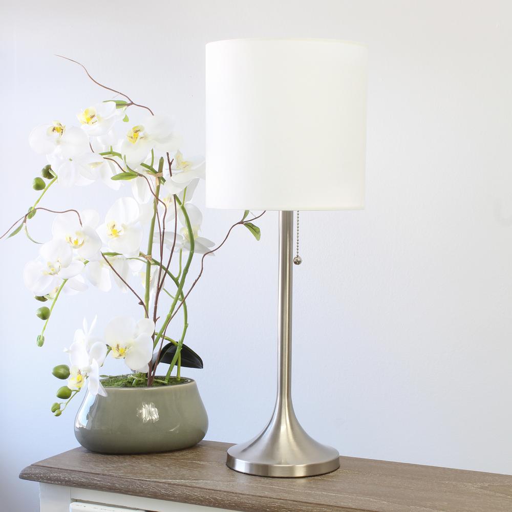 Simple Designs Brushed Nickel Tapered Table Lamp with White Fabric Drum Shade. The main picture.