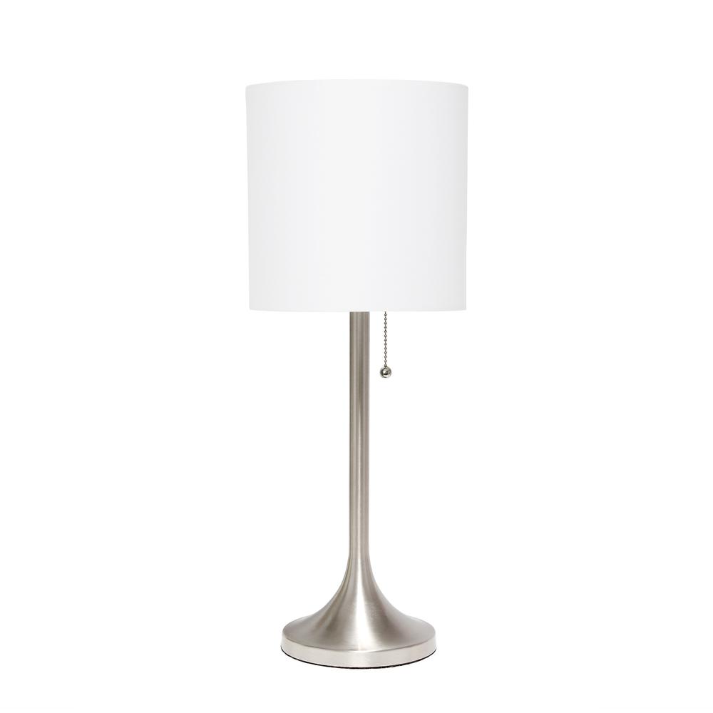 Simple Designs Brushed Nickel Tapered Table Lamp with White Fabric Drum Shade. Picture 6