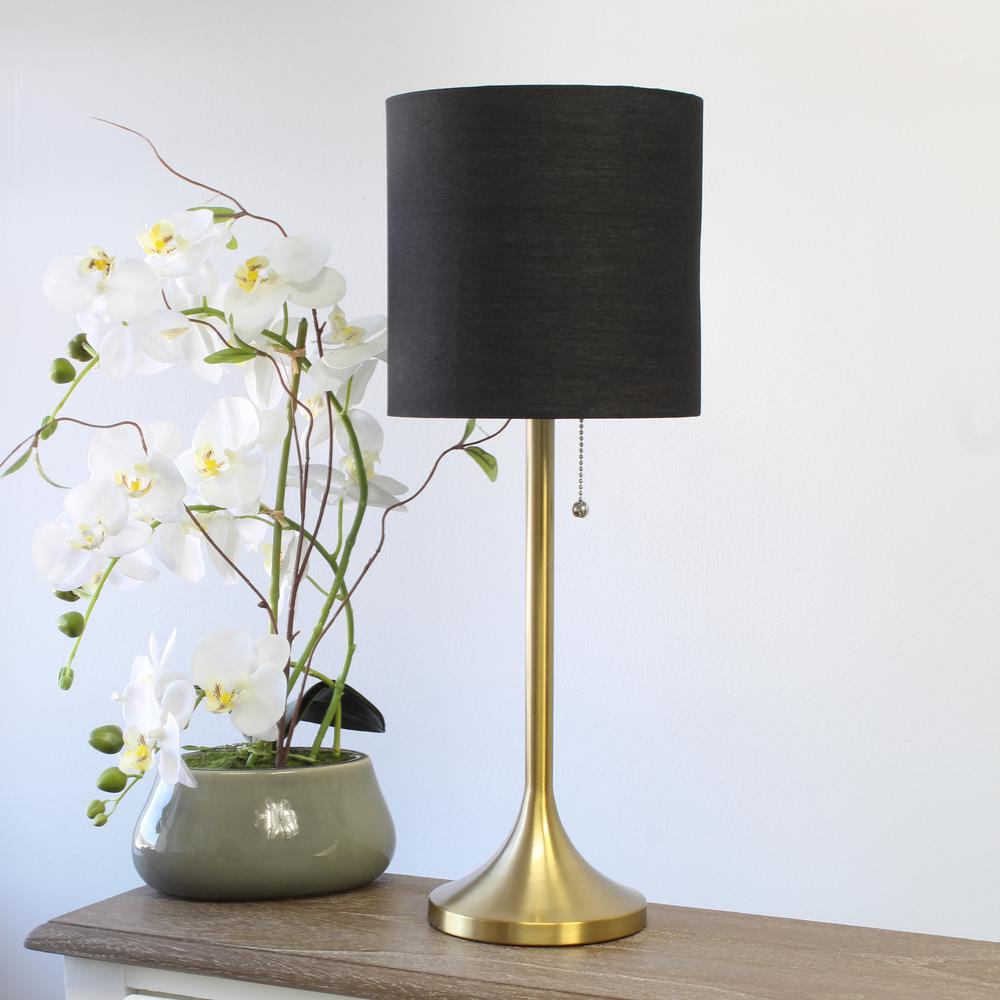 Gold Tapered Table Lamp with Black Fabric Drum Shade. Picture 1