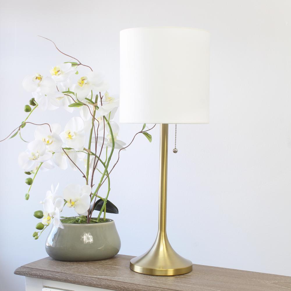 Gold Tapered Table Lamp with White Fabric Drum Shade. Picture 1