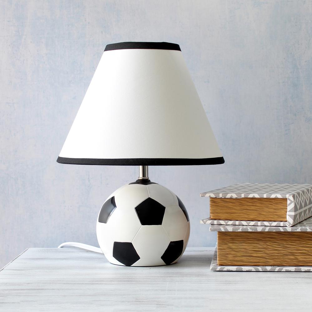 Simple Designs SportsLite 11.5" Tall Sports Soccer Ball Base Ceramic Bedside Table Desk Lamp with White Shade, Black Trim. Picture 2