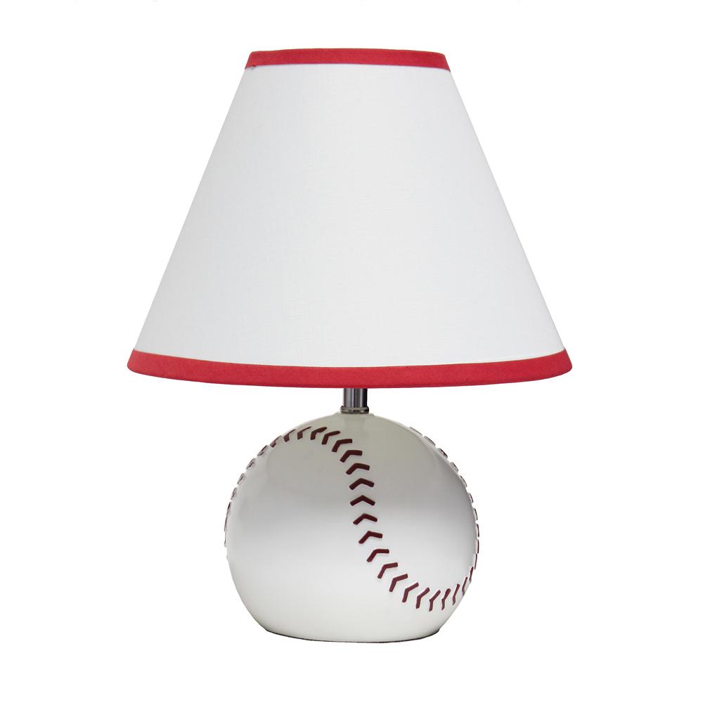 Simple Designs SportsLite 11.5" Tall Athletic Sports Baseball Base Ceramic Bedside Table Desk LampWhite Shade with Red Trim. Picture 1