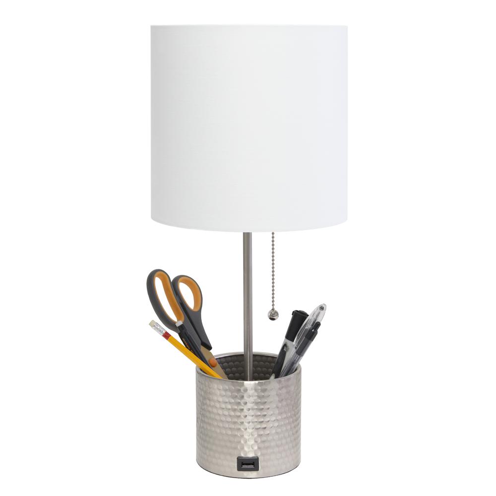 Hammered Metal Organizer Table Lamp with USB charging port. Picture 7