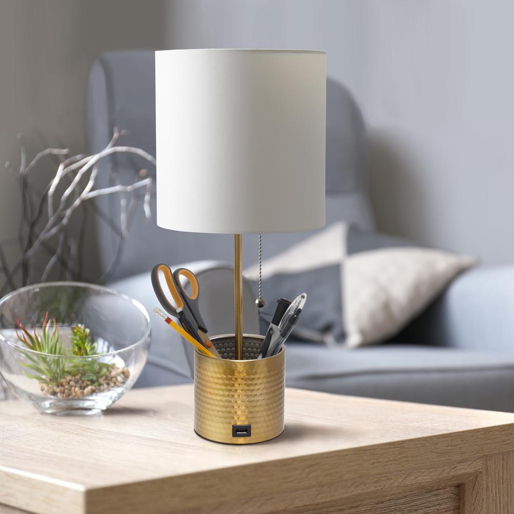Hammered Metal Organizer Table Lamp with USB charging port. Picture 8