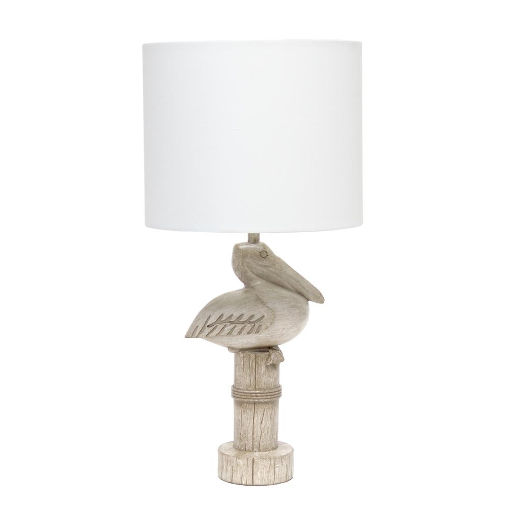 Simple Designs Shoreside 17.25" Tall Coastal Sitting Pelican Beige Wash Polyresin Bedside Table Desk Lamp with White Fabric Drum Shade. Picture 8