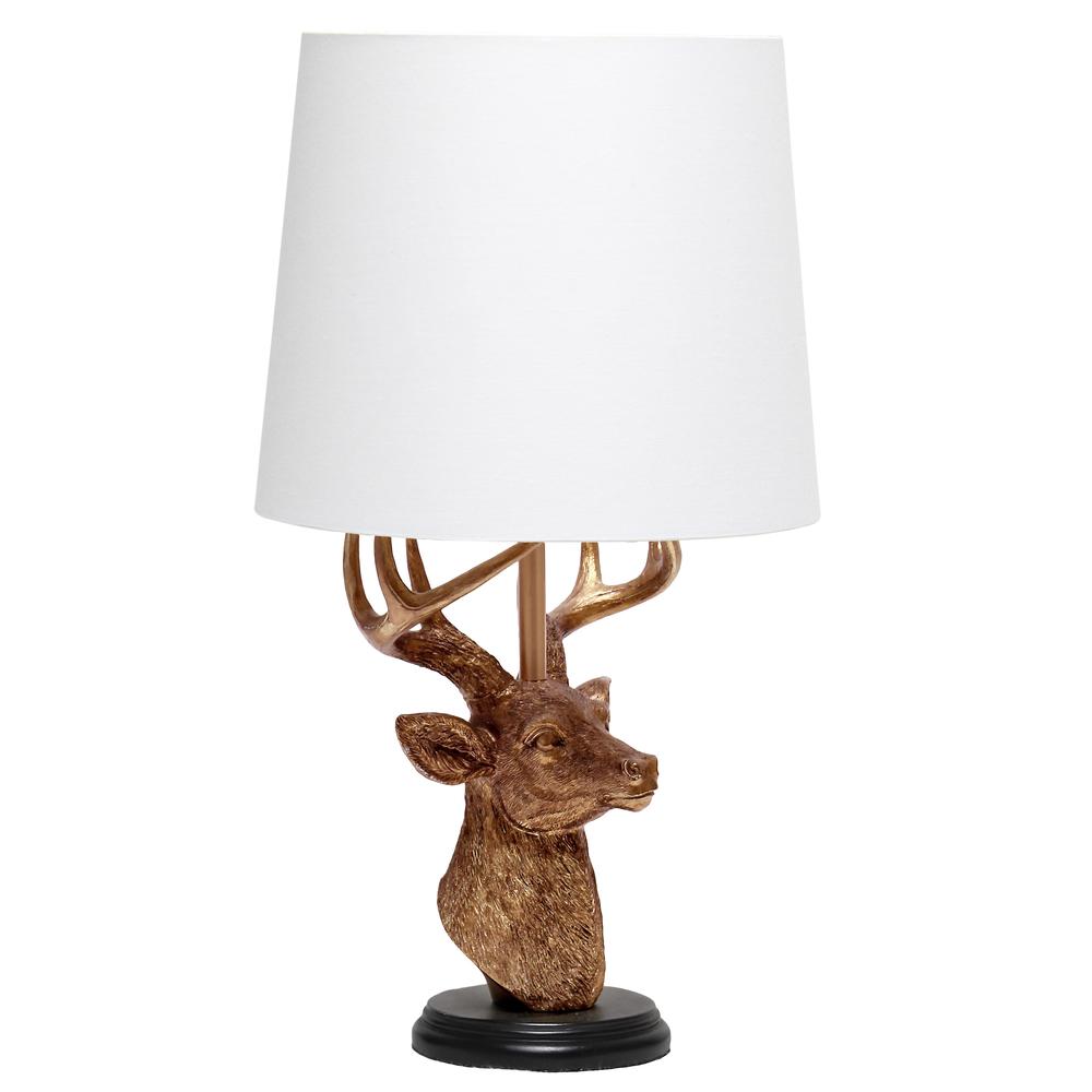 Simple Designs Woodland 17.25" Tall Rustic Antler Copper Deer Bedside Table Desk Lamp with Tapered White Fabric Shade. Picture 1