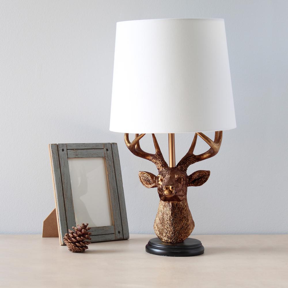 Simple Designs Woodland 17.25" Tall Rustic Antler Copper Deer Bedside Table Desk Lamp with Tapered White Fabric Shade. Picture 3
