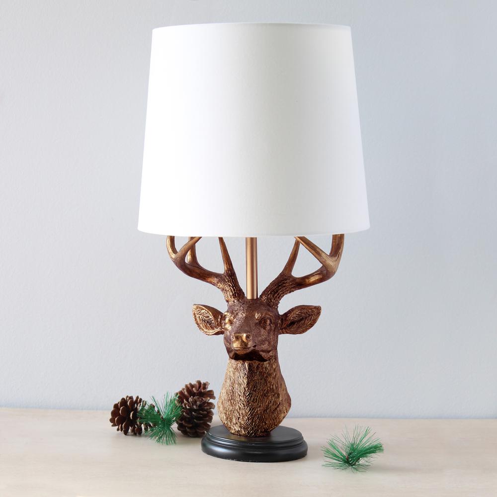 Simple Designs Woodland 17.25" Tall Rustic Antler Copper Deer Bedside Table Desk Lamp with Tapered White Fabric Shade. Picture 4