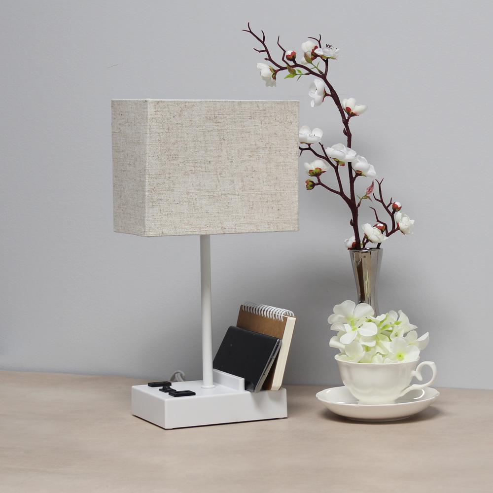 Simple Designs 15.3" Tall Modern Rectangular 1 Light Bedside Table Desk Lamp with 2 USB Ports and Charging Outlet White. Picture 2