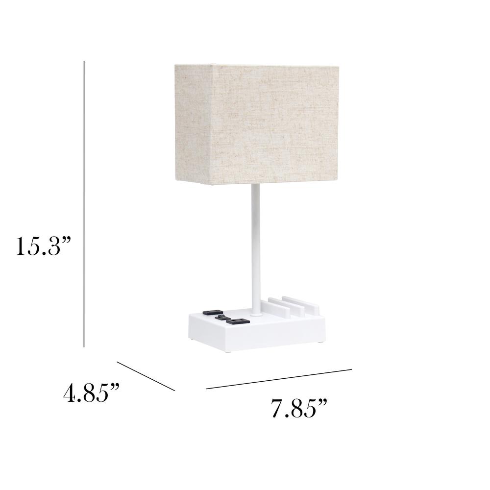 Simple Designs 15.3" Tall Modern Rectangular 1 Light Bedside Table Desk Lamp with 2 USB Ports and Charging Outlet White. Picture 4