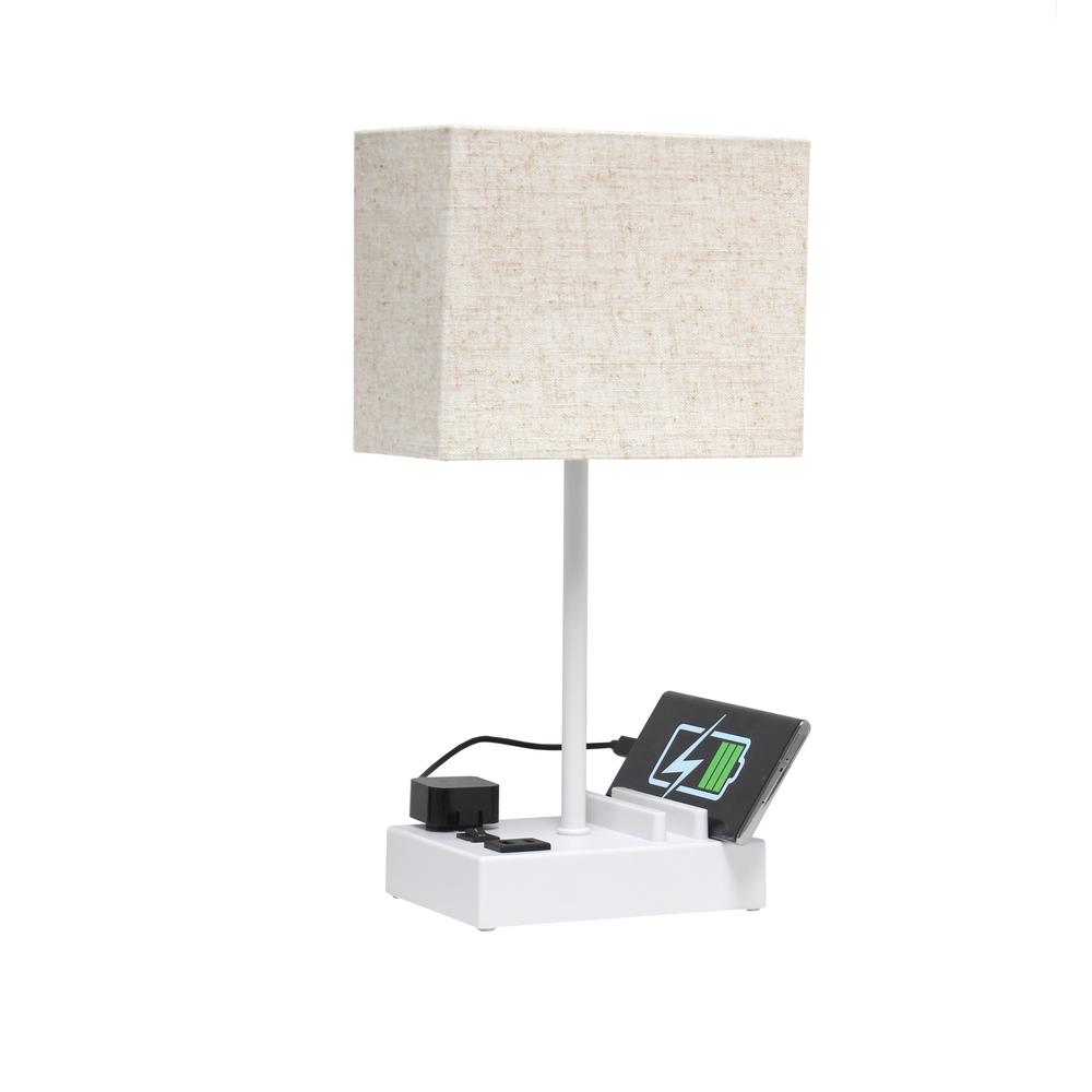 Simple Designs 15.3" Tall Modern Rectangular 1 Light Bedside Table Desk Lamp with 2 USB Ports and Charging Outlet White. Picture 5