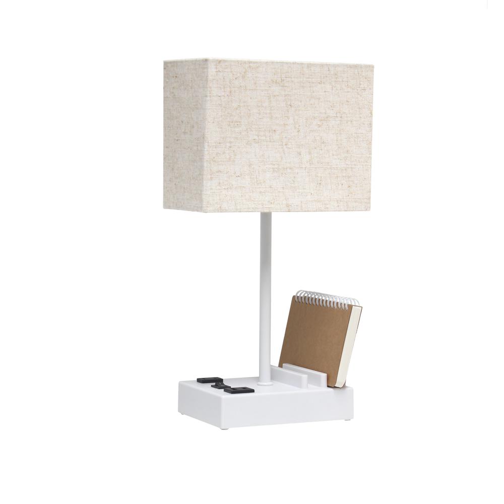 Simple Designs 15.3" Tall Modern Rectangular 1 Light Bedside Table Desk Lamp with 2 USB Ports and Charging Outlet White. Picture 6