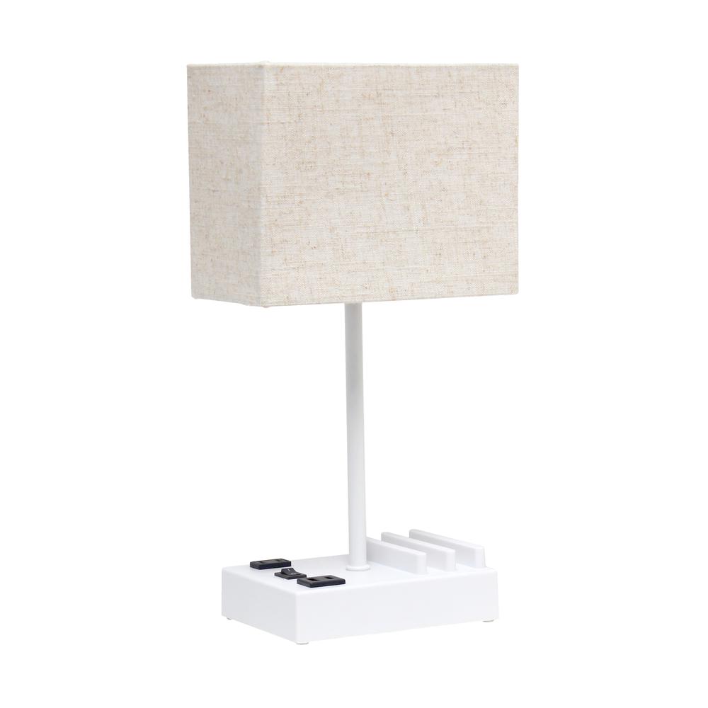Simple Designs 15.3" Tall Modern Rectangular 1 Light Bedside Table Desk Lamp with 2 USB Ports and Charging Outlet White. Picture 9