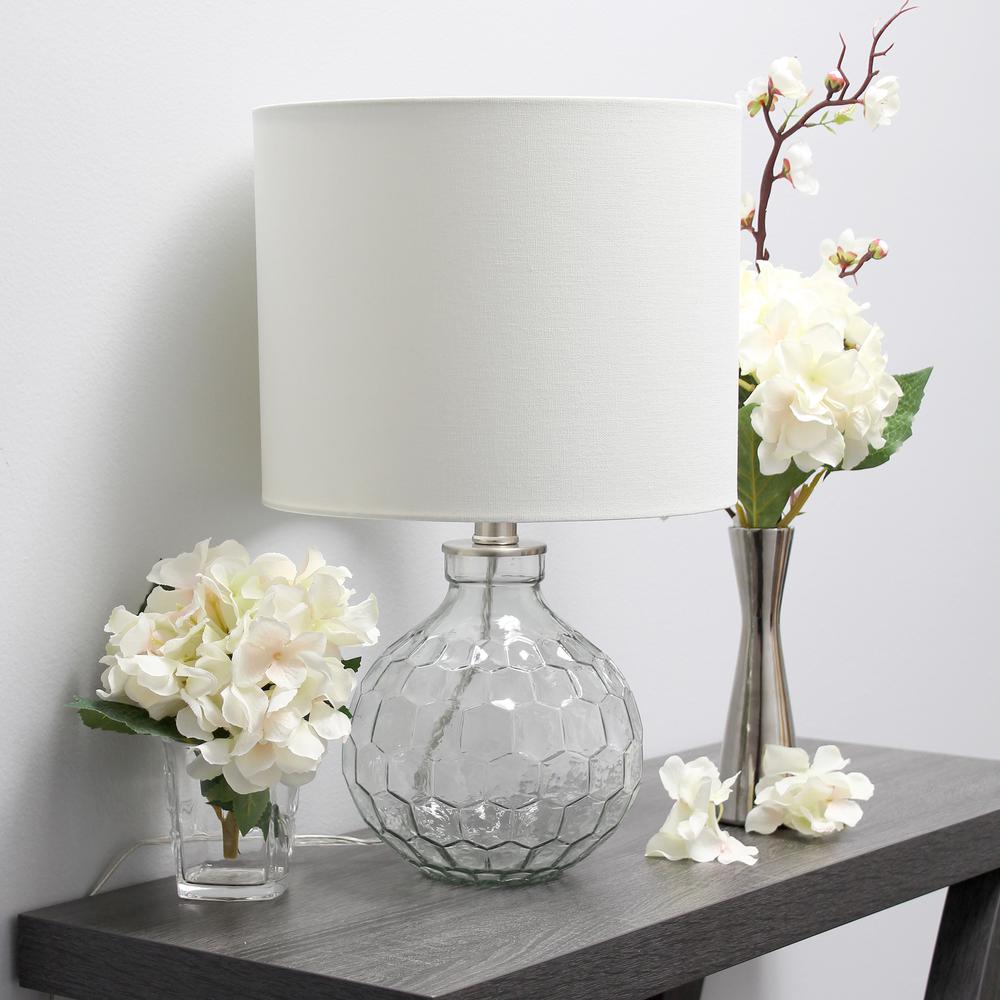 17.75" Modern Glass Patterned Endtable Table Lamp with White Fabric, Clear. Picture 3