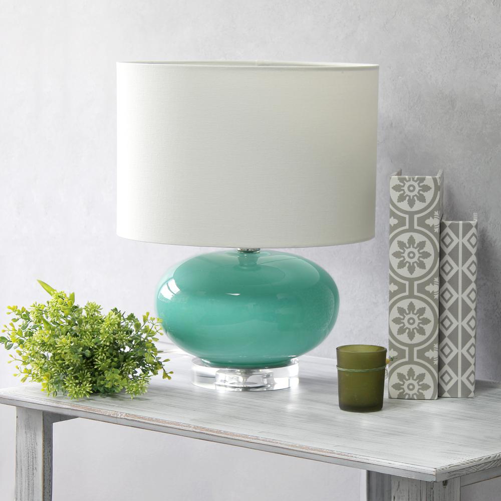 15.25" Modern Ceramic Egg Bedside Table Lamp with White Fabric Shade, Aqua. Picture 4