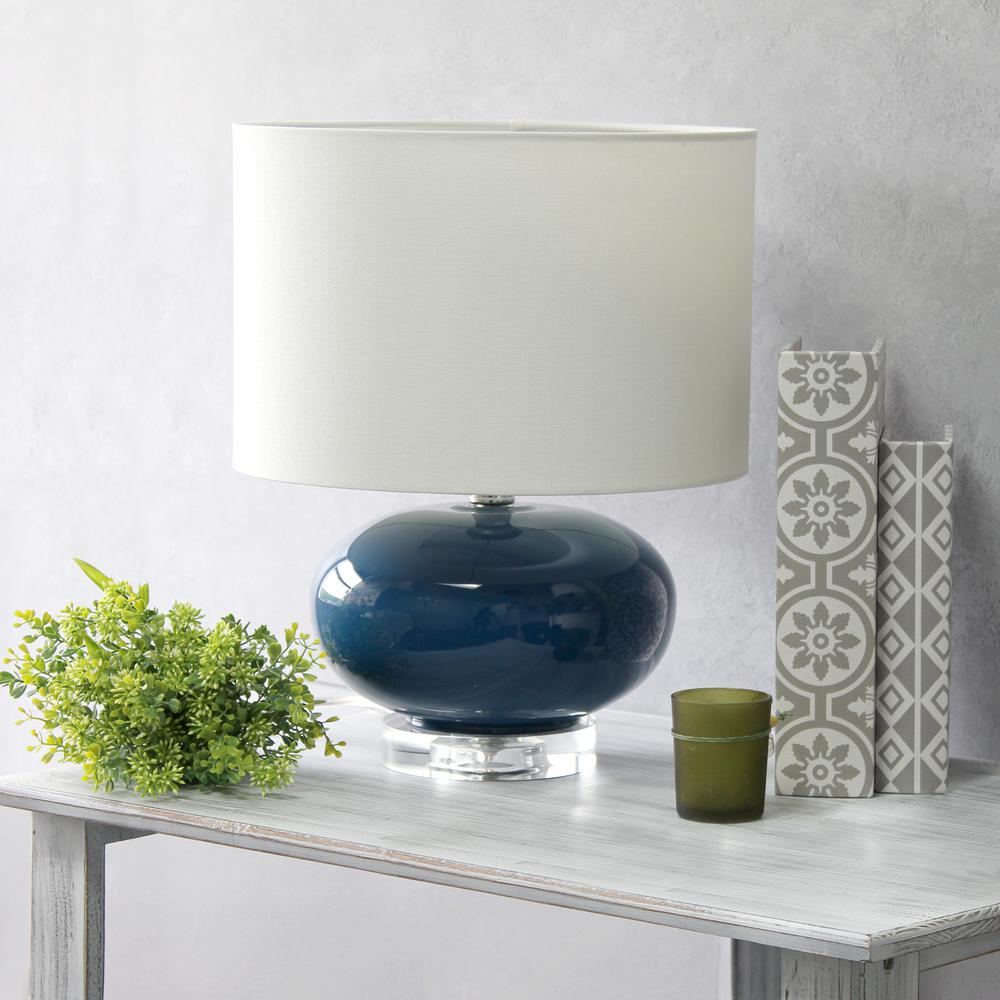 15.25" Modern Ceramic Table Lamp with White Fabric Shade, Blue. Picture 3