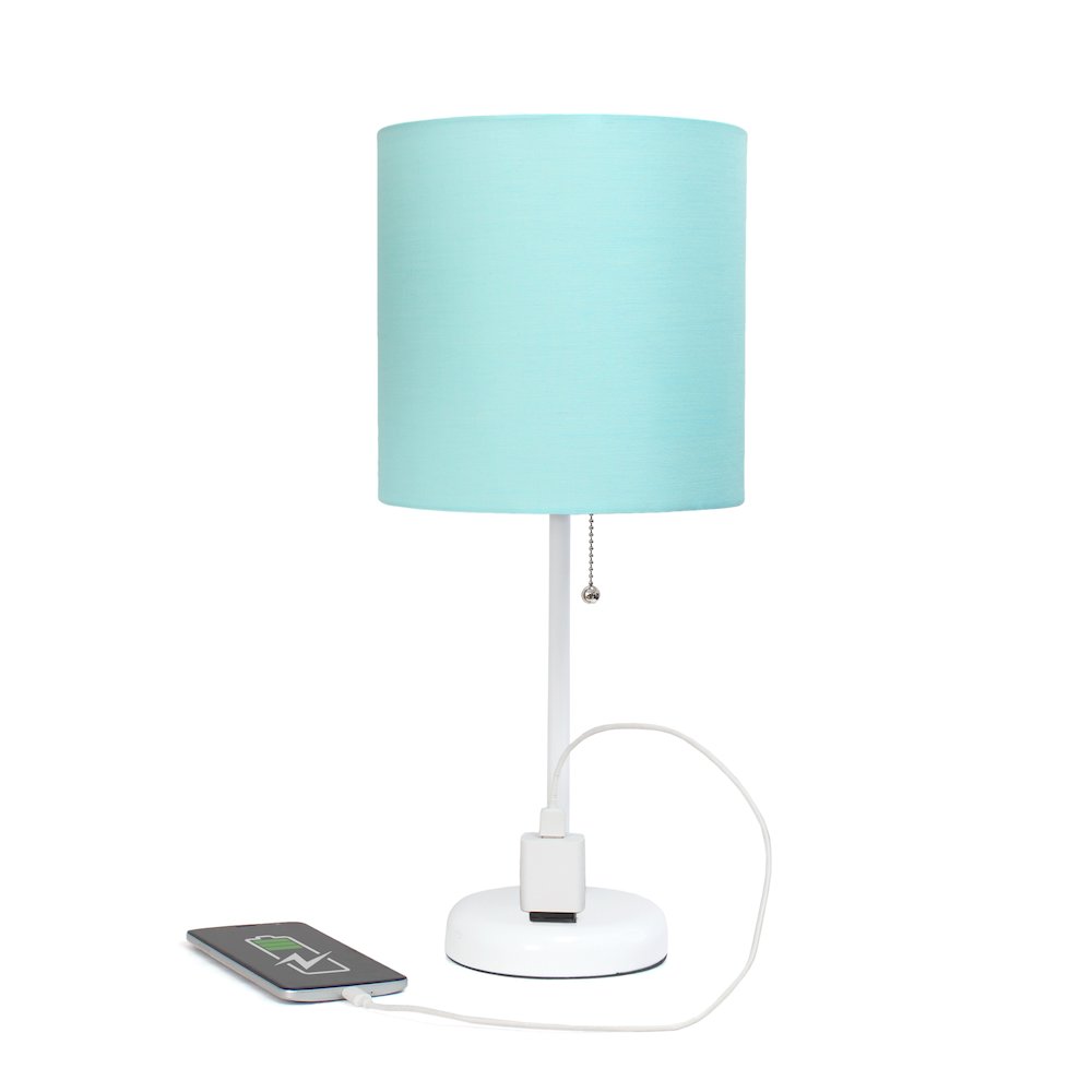 19.5" White Table Lamp with Charging Outlet, Aqua Shade. Picture 6