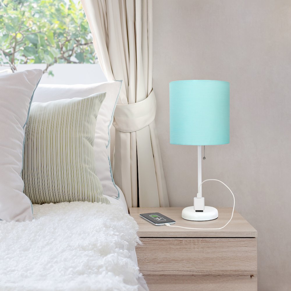 19.5" White Table Lamp with Charging Outlet, Aqua Shade. Picture 7