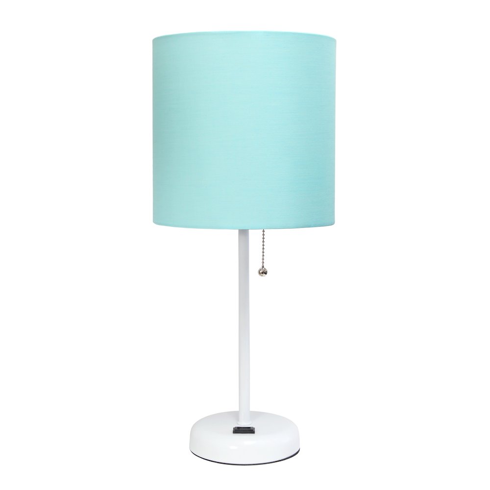 19.5" White Table Lamp with Charging Outlet, Aqua Shade. Picture 1