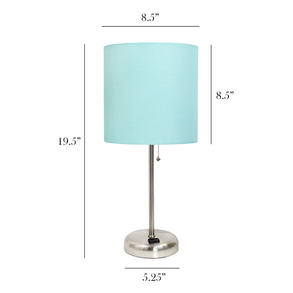 19.5" Brushed Steel Table Lamp with Charging Outlet, Aqua Shade. Picture 5