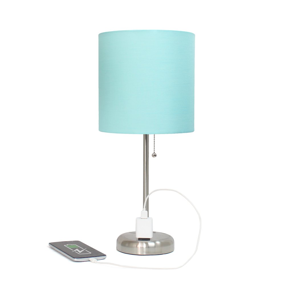 19.5" Brushed Steel Table Lamp with Charging Outlet, Aqua Shade. Picture 6