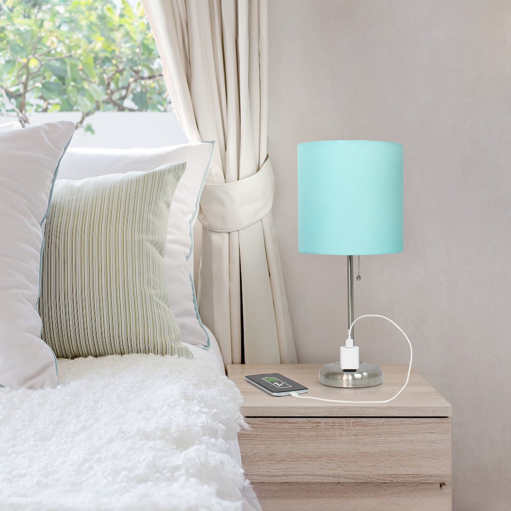 19.5" Brushed Steel Table Lamp with Charging Outlet, Aqua Shade. Picture 7