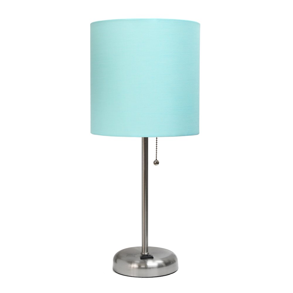 19.5" Brushed Steel Table Lamp with Charging Outlet, Aqua Shade. Picture 1
