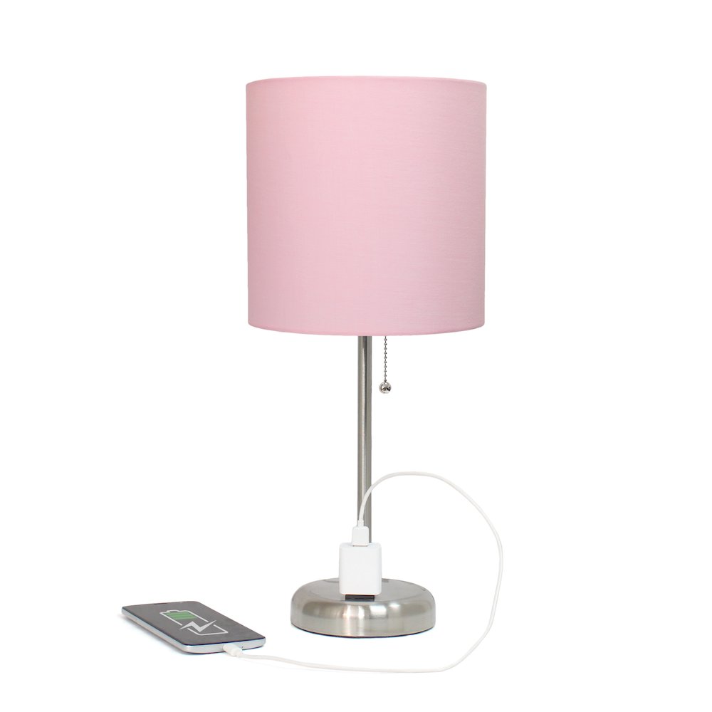 19.5" Brushed Steel Table Lamp with Charging Outlet, Light Pink Shade. Picture 6