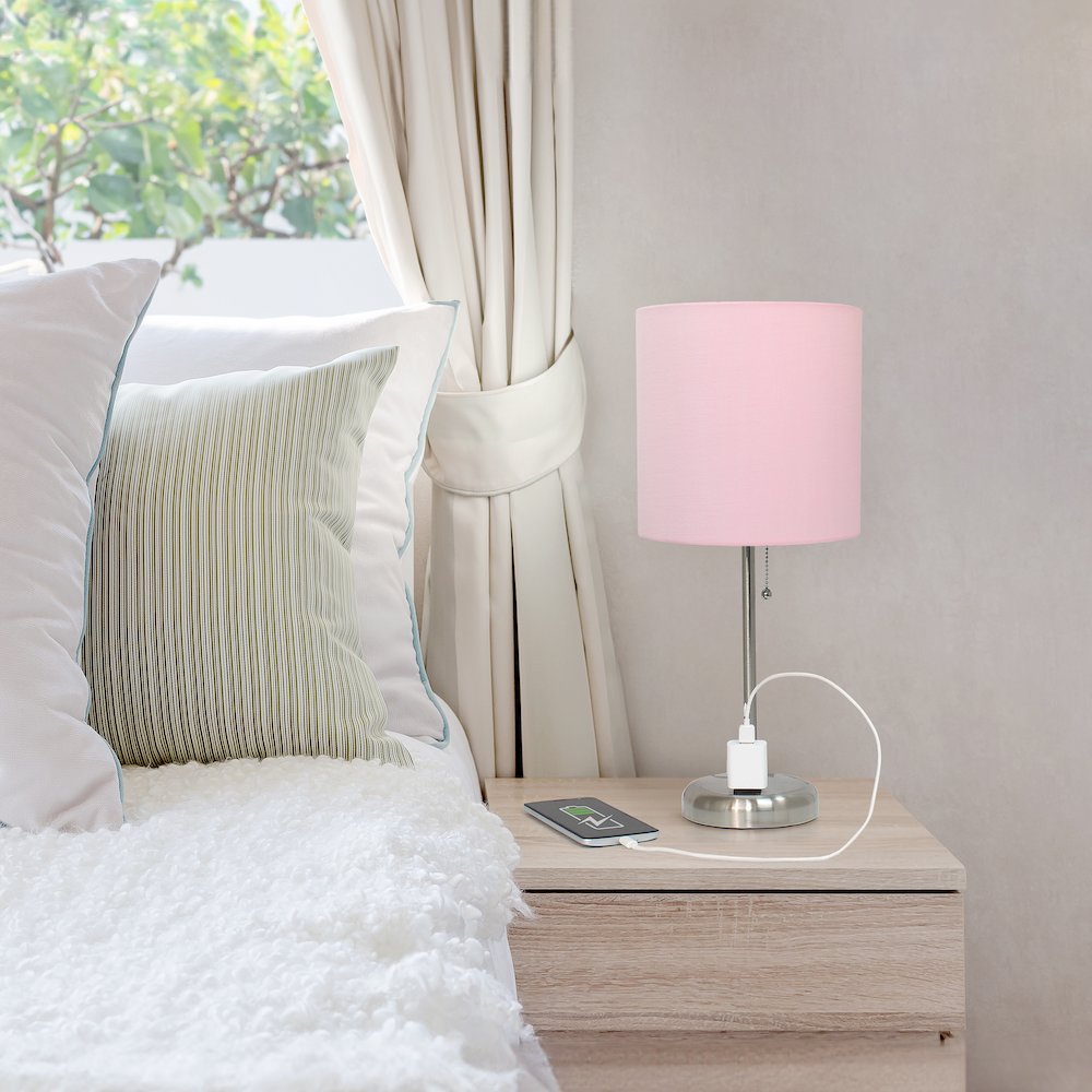 19.5" Brushed Steel Table Lamp with Charging Outlet, Light Pink Shade. Picture 7