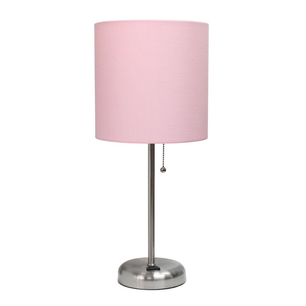 19.5" Brushed Steel Table Lamp with Charging Outlet, Light Pink Shade. Picture 1