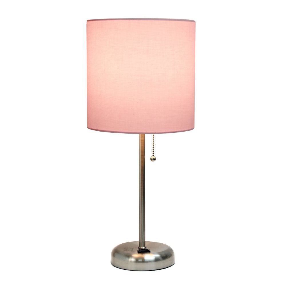 19.5" Brushed Steel Table Lamp with Charging Outlet, Light Pink Shade. Picture 8
