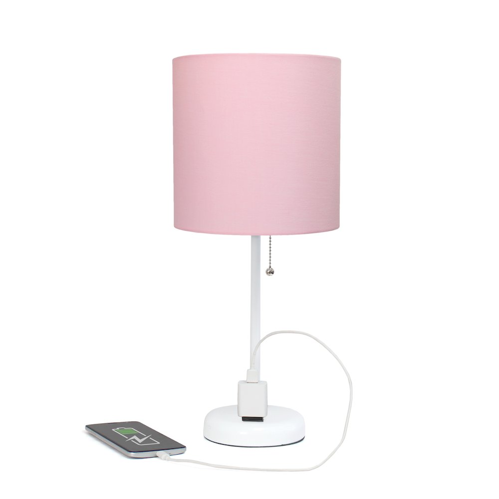 19.5" White Table Lamp with Charging Outlet, Pink Shade. Picture 6
